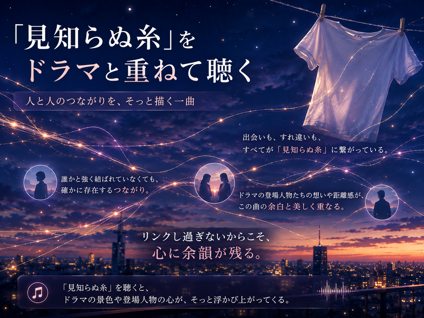 スピッツ「見知らぬ糸」とドラマの人間関係や余韻を表現したイメージ