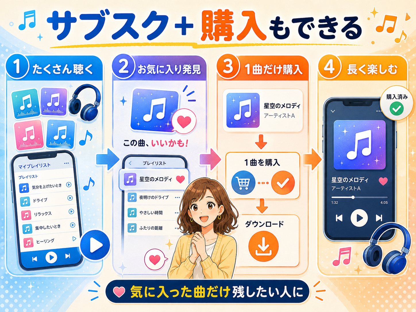 サブスクで曲を探してお気に入りだけ購入する4ステップの図