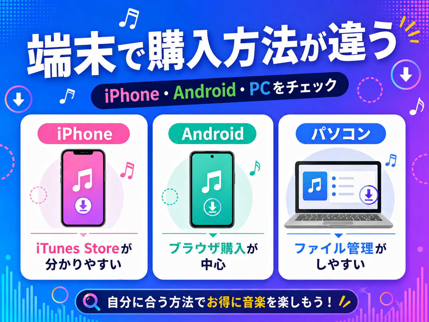 iPhone、Android、パソコンで音楽を1曲購入する方法の違い