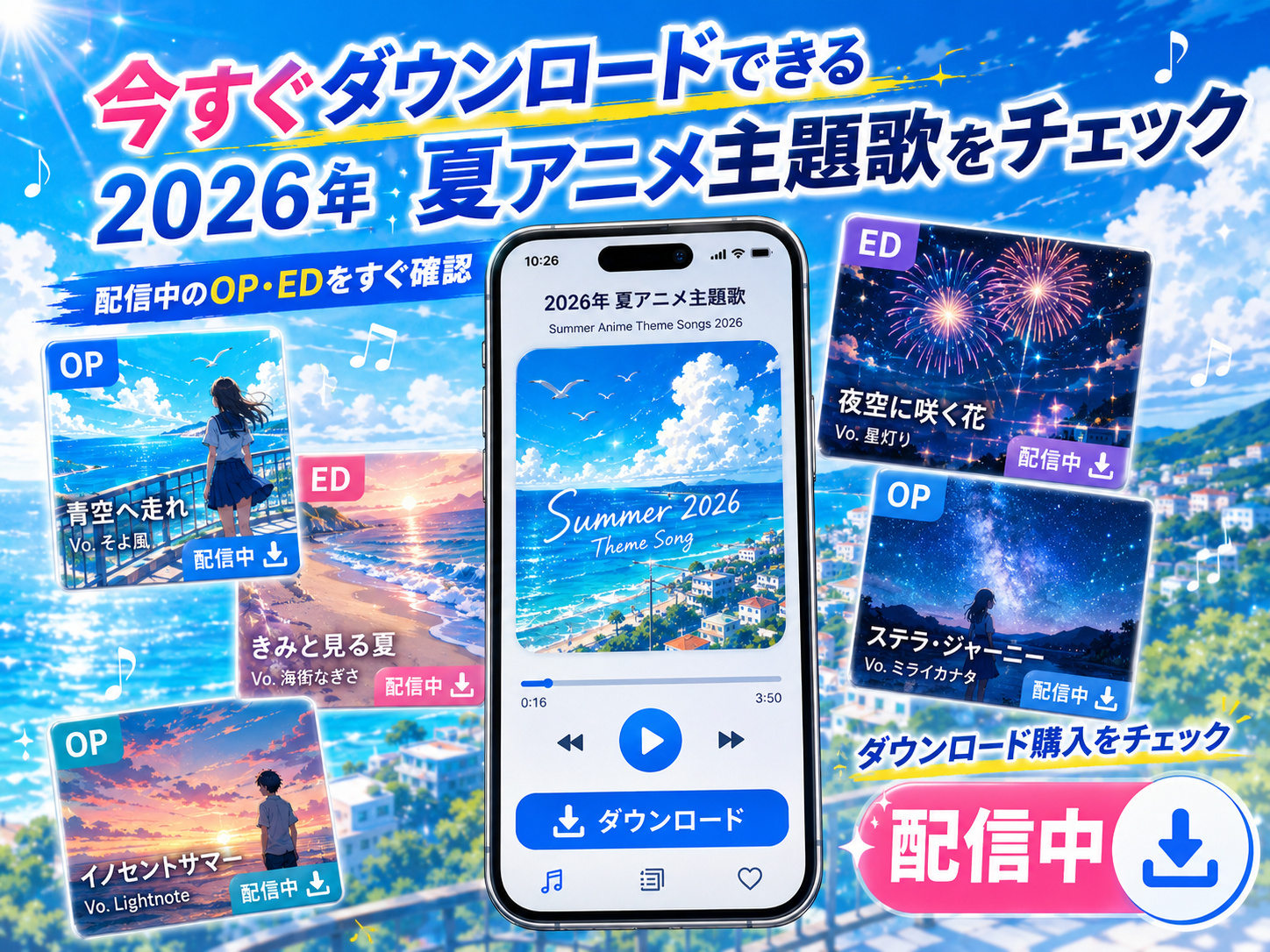 配信中の2026年夏アニメ主題歌をスマホでダウンロード購入するイメージ