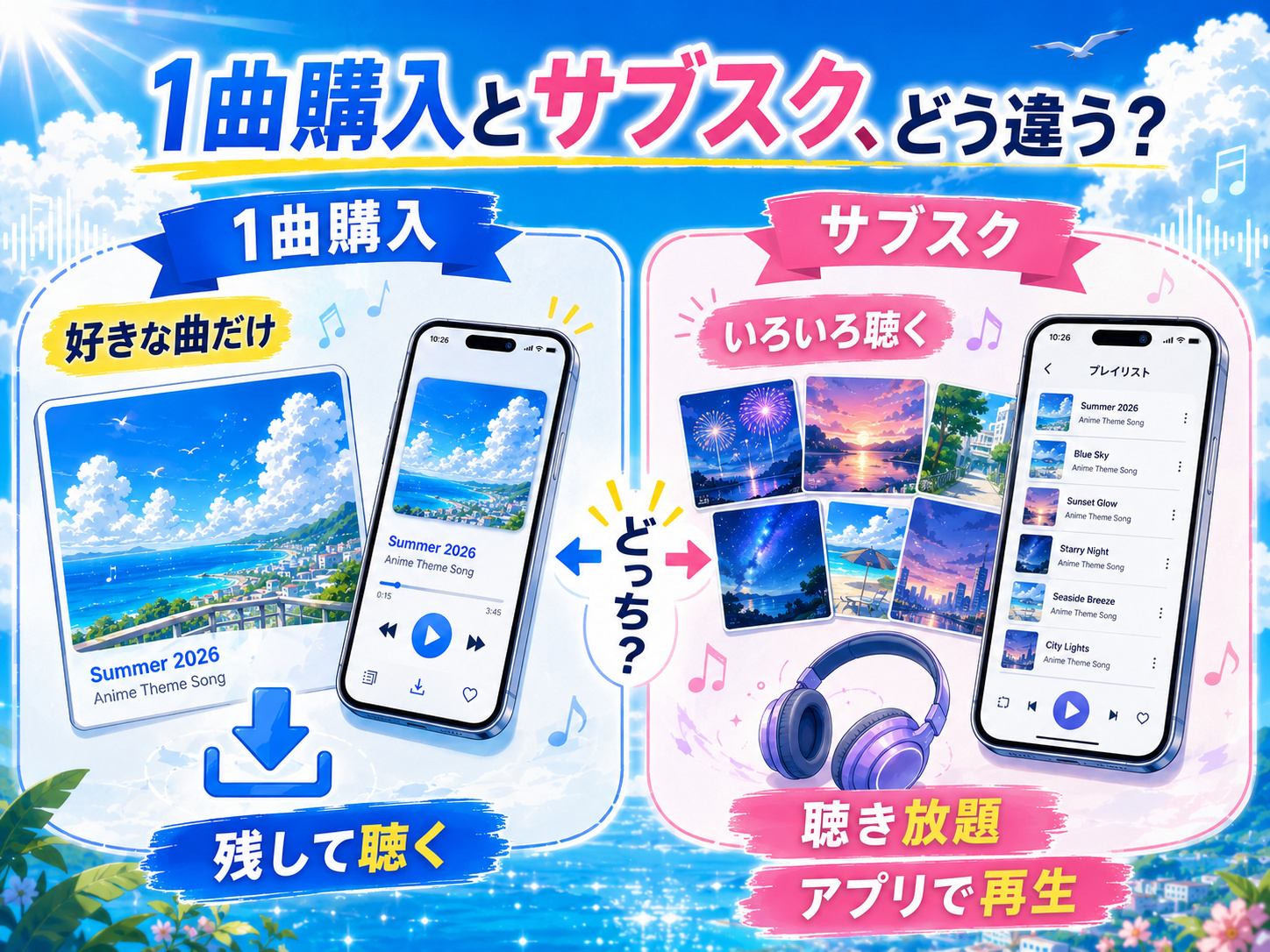 アニメ主題歌の1曲ダウンロード購入と音楽サブスクの違いを比較