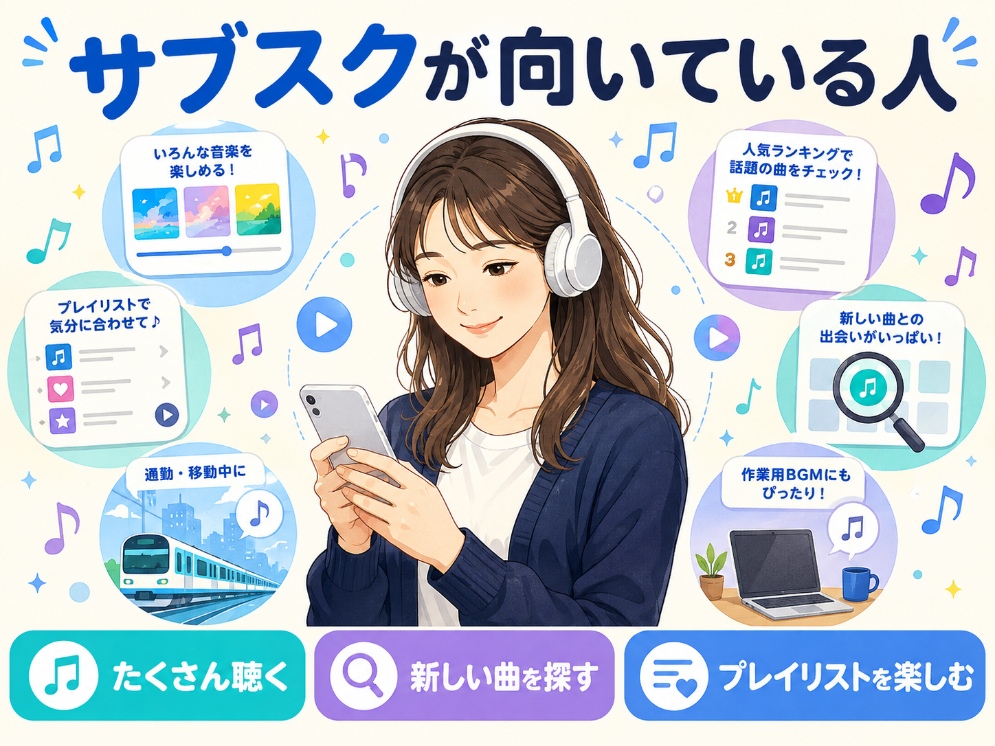 音楽サブスクが向いている人の聴き方をまとめたイラスト