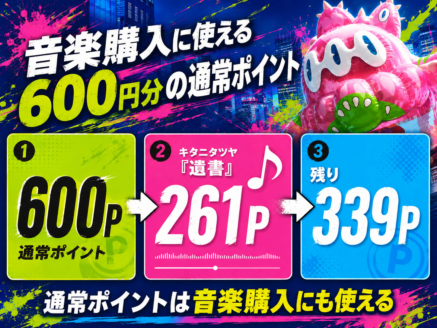 music.jpの600ポイントでキタニタツヤ「遺書」を261ポイントで購入し339ポイント残る例