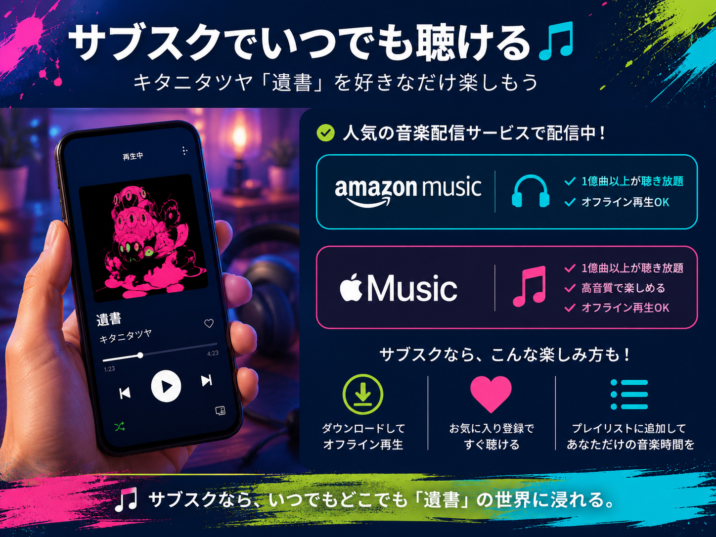 キタニタツヤ「遺書」をAmazon MusicとApple Musicのサブスクで聴くイメージ
