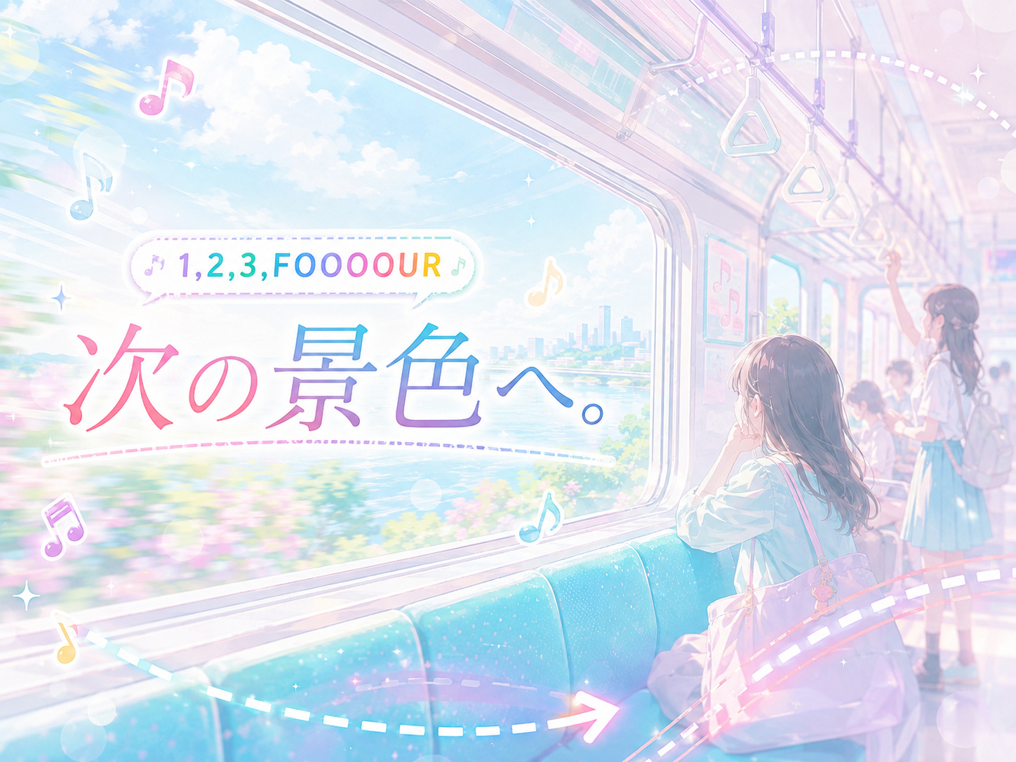 電車の車窓を眺めながら「次の景色へ。」と描いた「1,2,3,FOOOOUR」のイメージ
