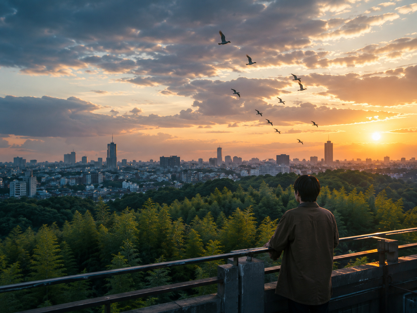 夕暮れの街を見つめる人物と空を飛ぶ鳥のイメージ