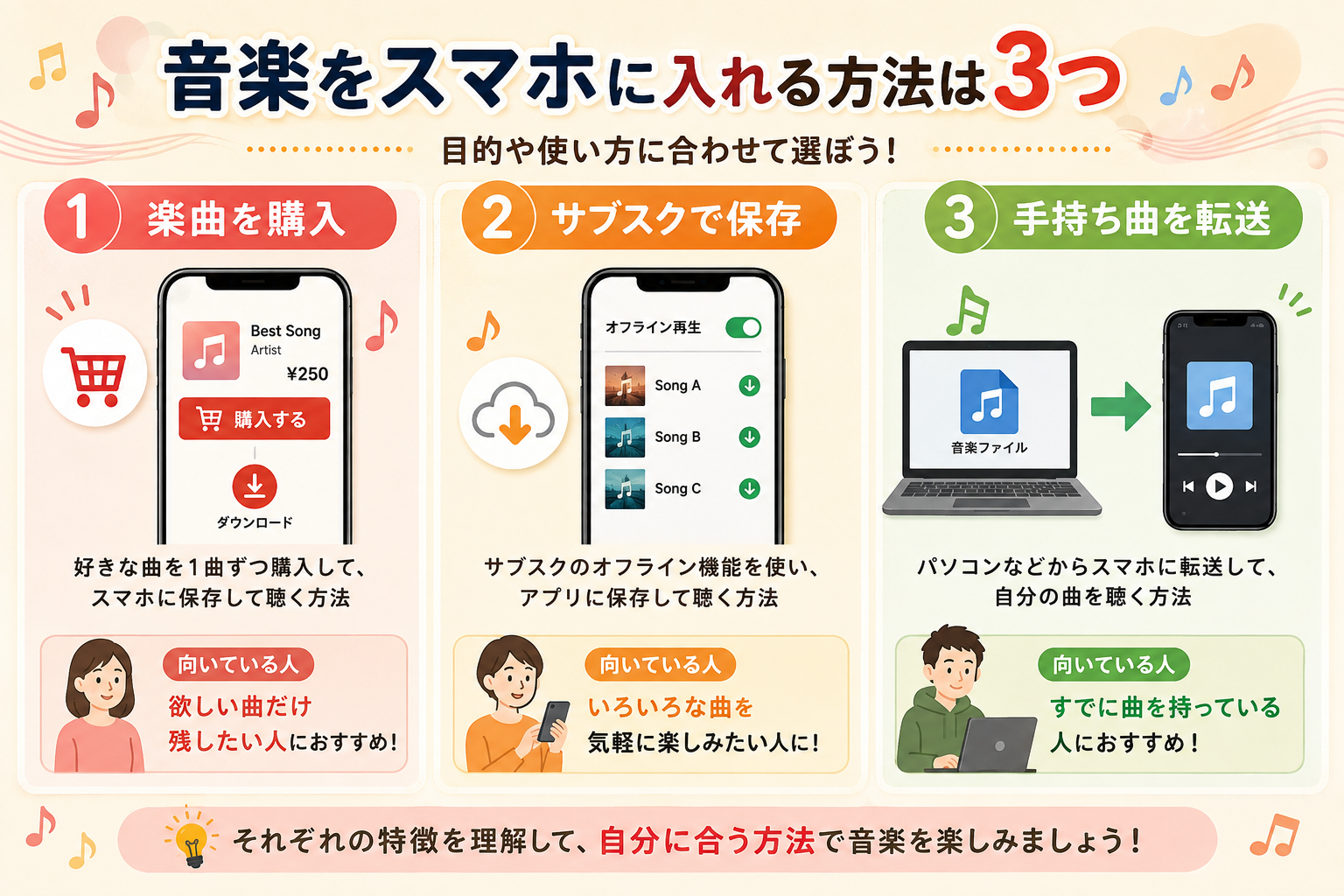 音楽をスマホに入れる3つの方法を比較した図