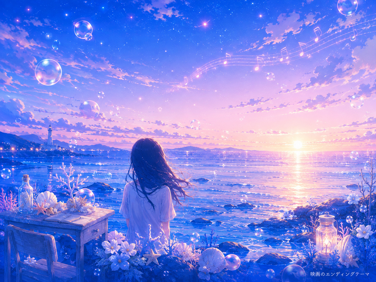 青木遥「机さする」の海辺と夕暮れをイメージしたオリジナルビジュアル