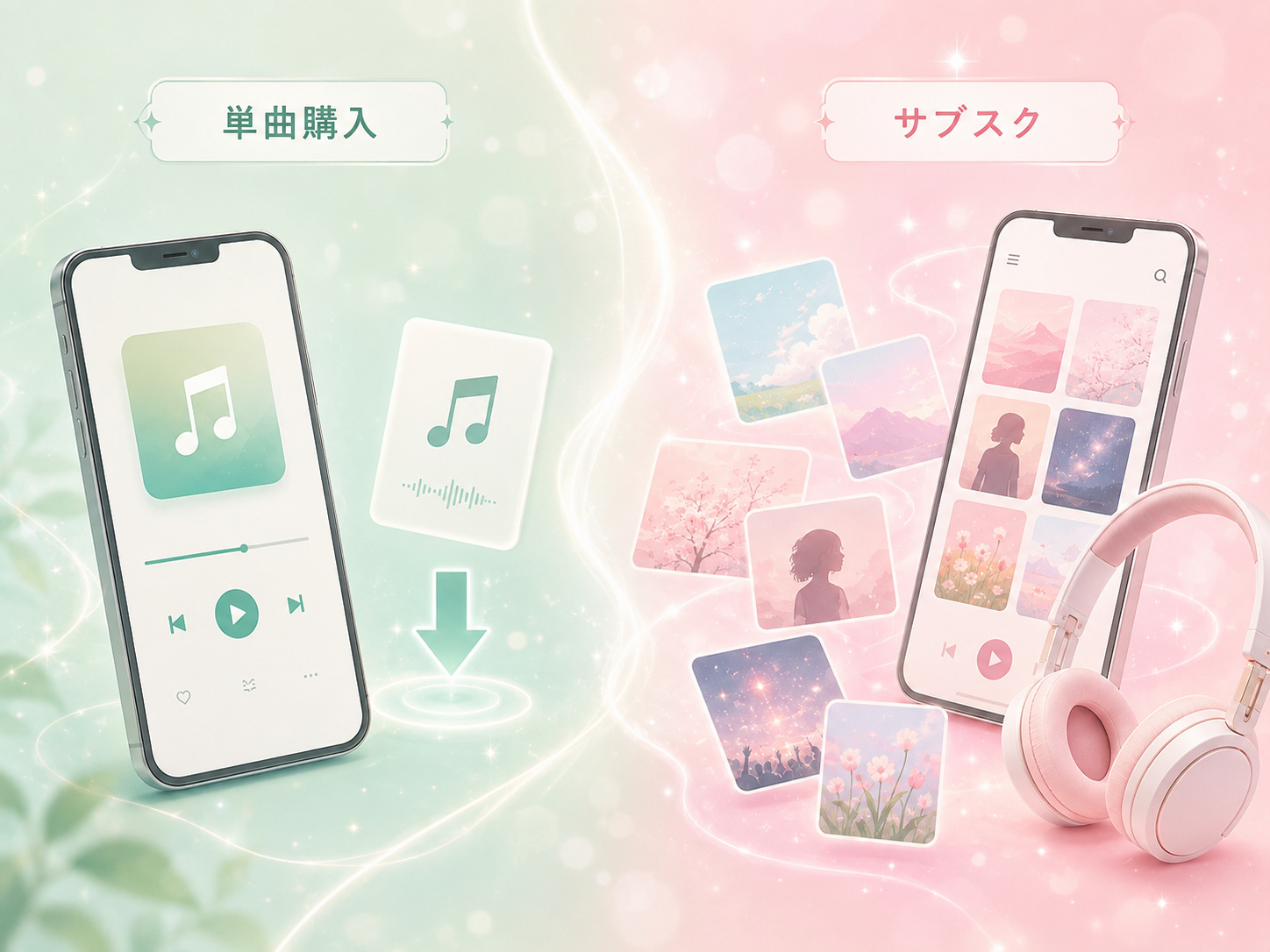 音楽の単曲購入とサブスクの違いを比較したイメージ