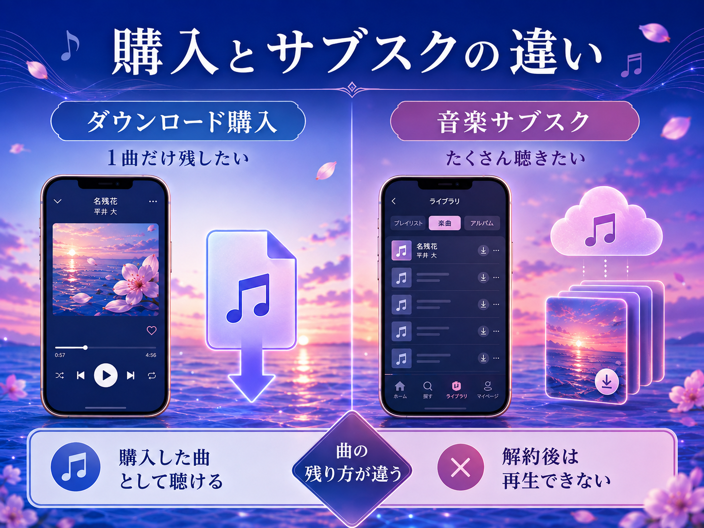 音楽のダウンロード購入とサブスクの違いを比較した図