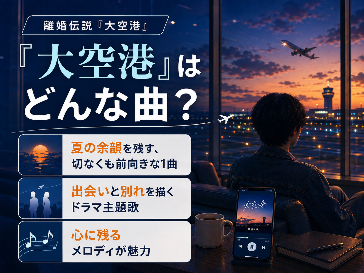 夕暮れの空港で聴く離婚伝説「大空港」の曲の魅力を表したイメージ