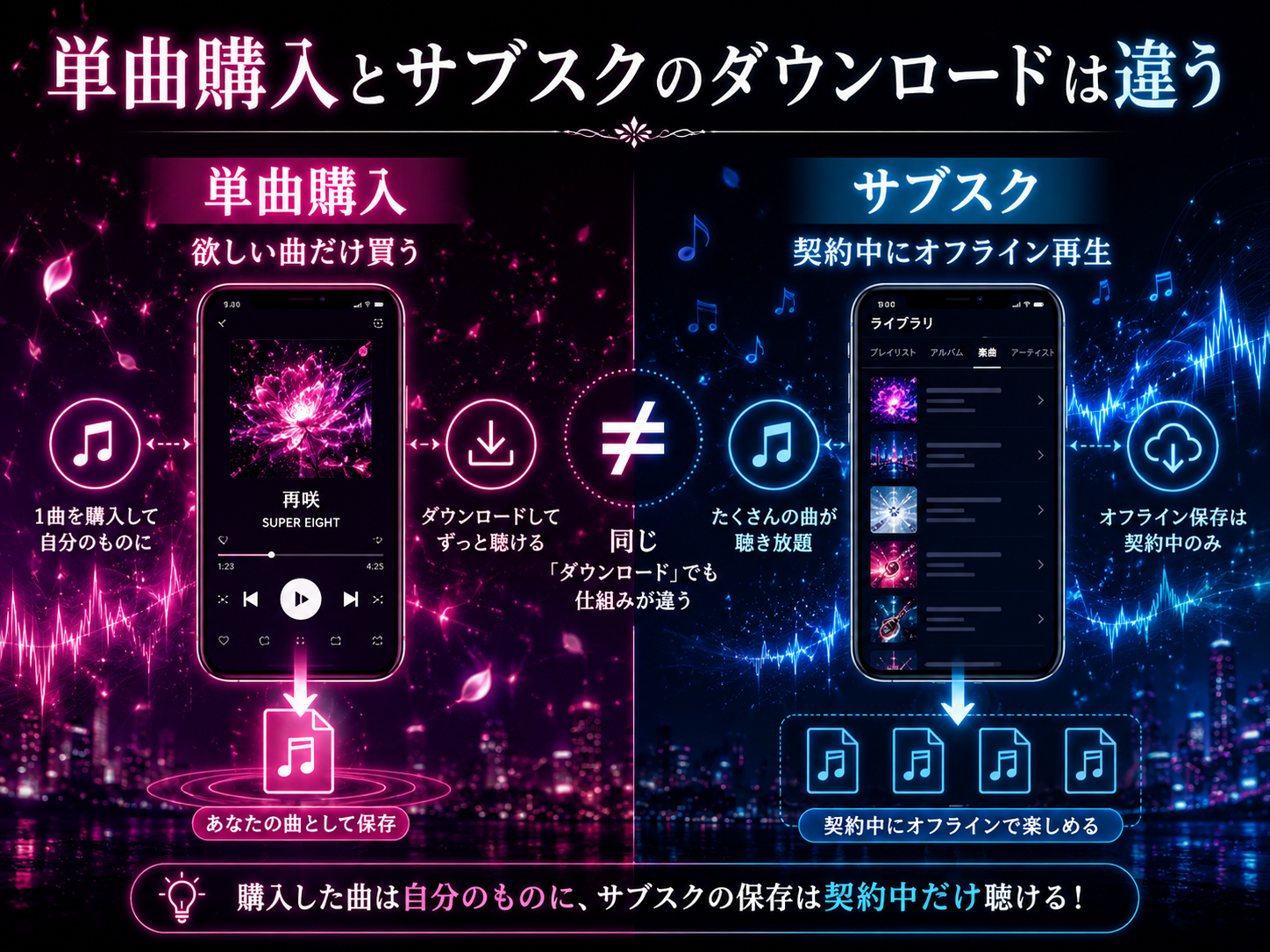 音楽の単曲購入とサブスクのダウンロードの違いを比較した図