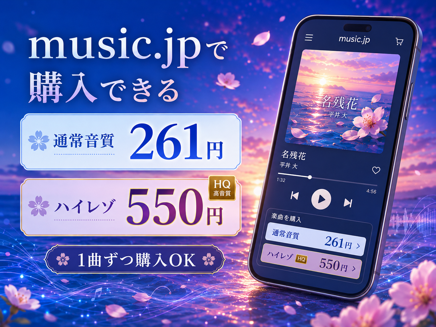 music.jpで配信中の平井 大「名残花」通常音質261円とハイレゾ550円の比較