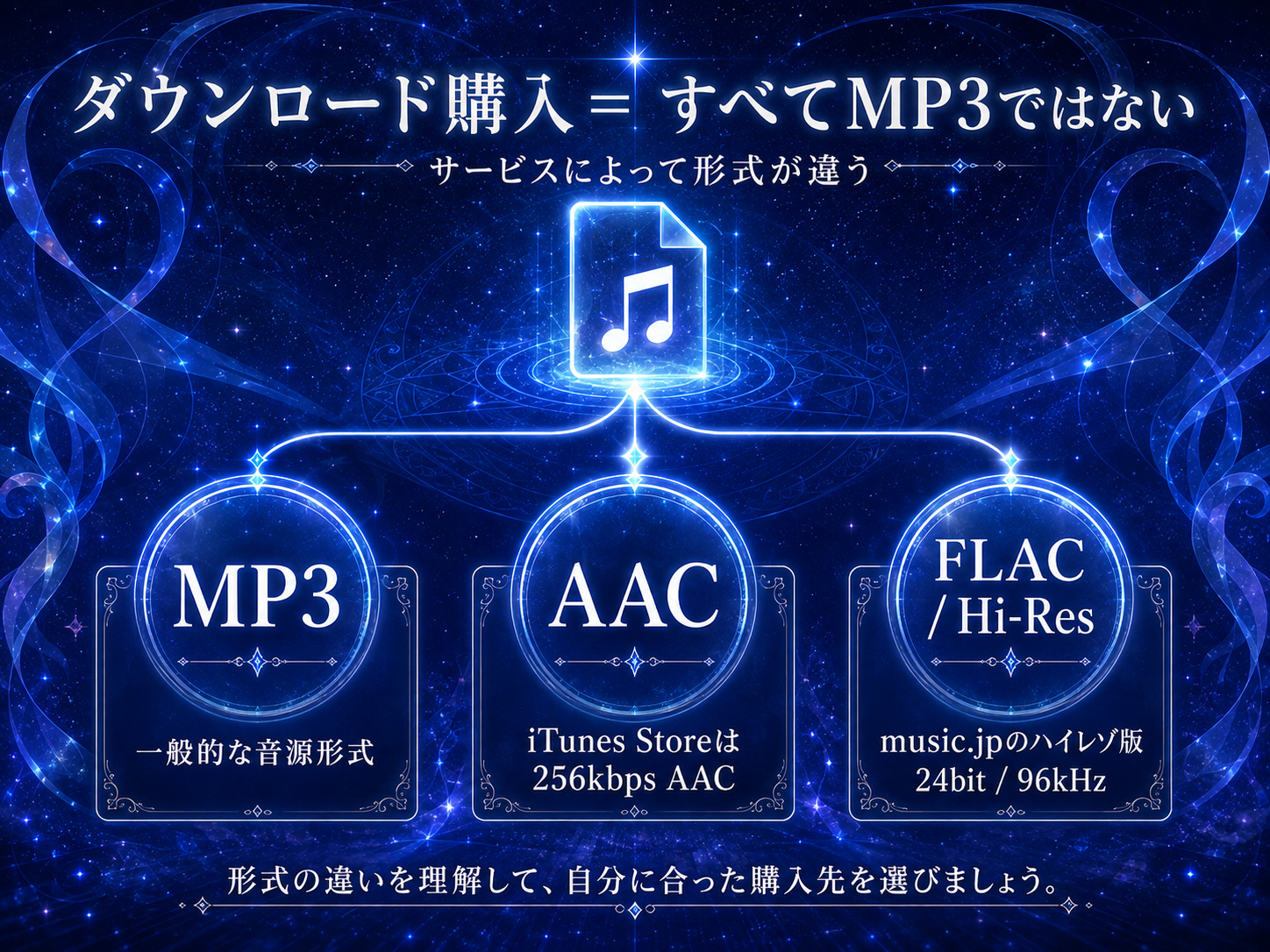 音楽ダウンロードのMP3・AAC・FLAC形式の違いを示した図