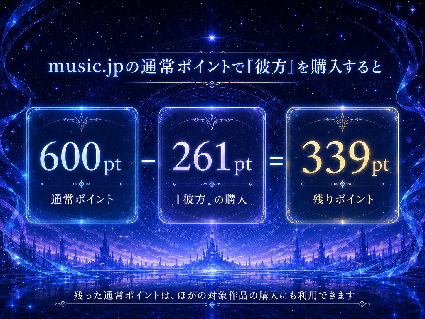 music.jpの通常600ポイントでFictionJunction「彼方」を261ポイント購入し339ポイント残る計算図