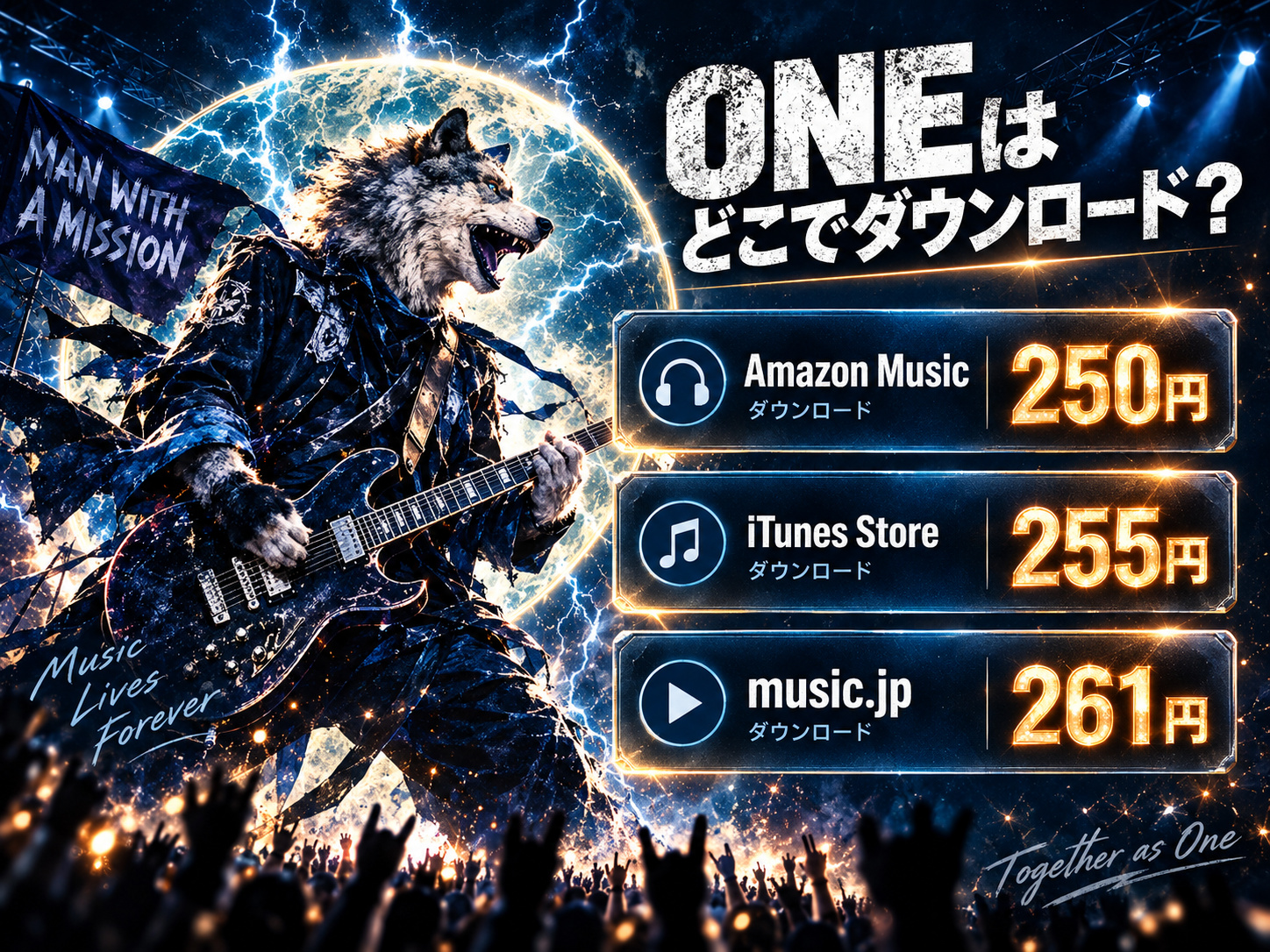 MAN WITH A MISSION「ONE」のダウンロード価格比較 Amazon Music250円 iTunes Store255円 music.jp261円