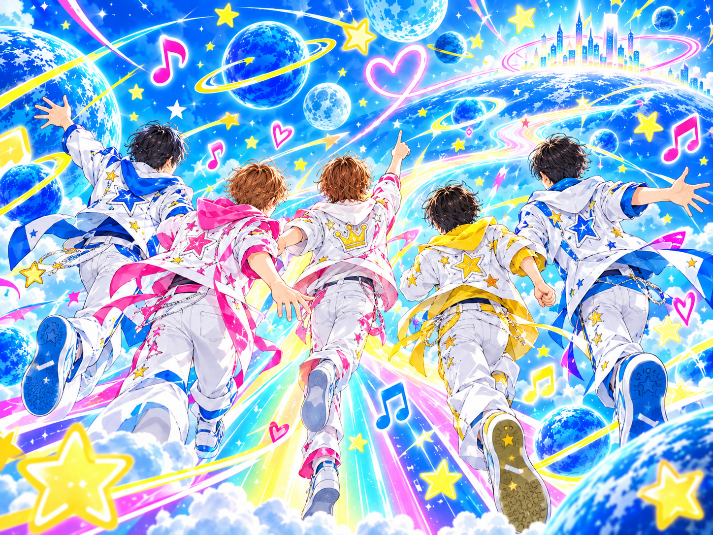 M!LK「時空超えてユニバース」の宇宙と未来をイメージした5人組のイラスト