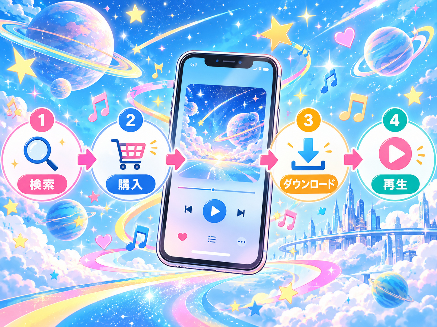 music.jpで楽曲を検索・購入・ダウンロード・再生する流れのイメージ