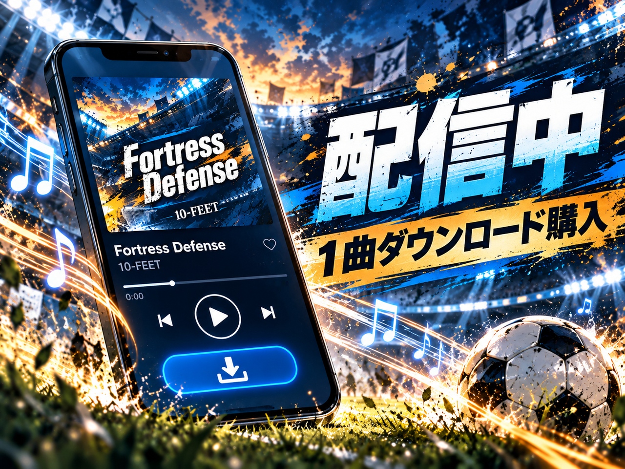 10-FEET「Fortress Defense」のスマホ再生画面と1曲ダウンロード購入をイメージしたイラスト