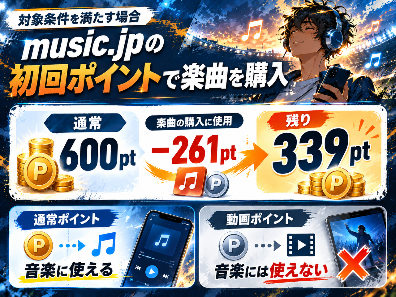 music.jpの通常600ポイントから261ポイントを楽曲購入に使い339ポイント残る計算例と動画ポイントとの違い