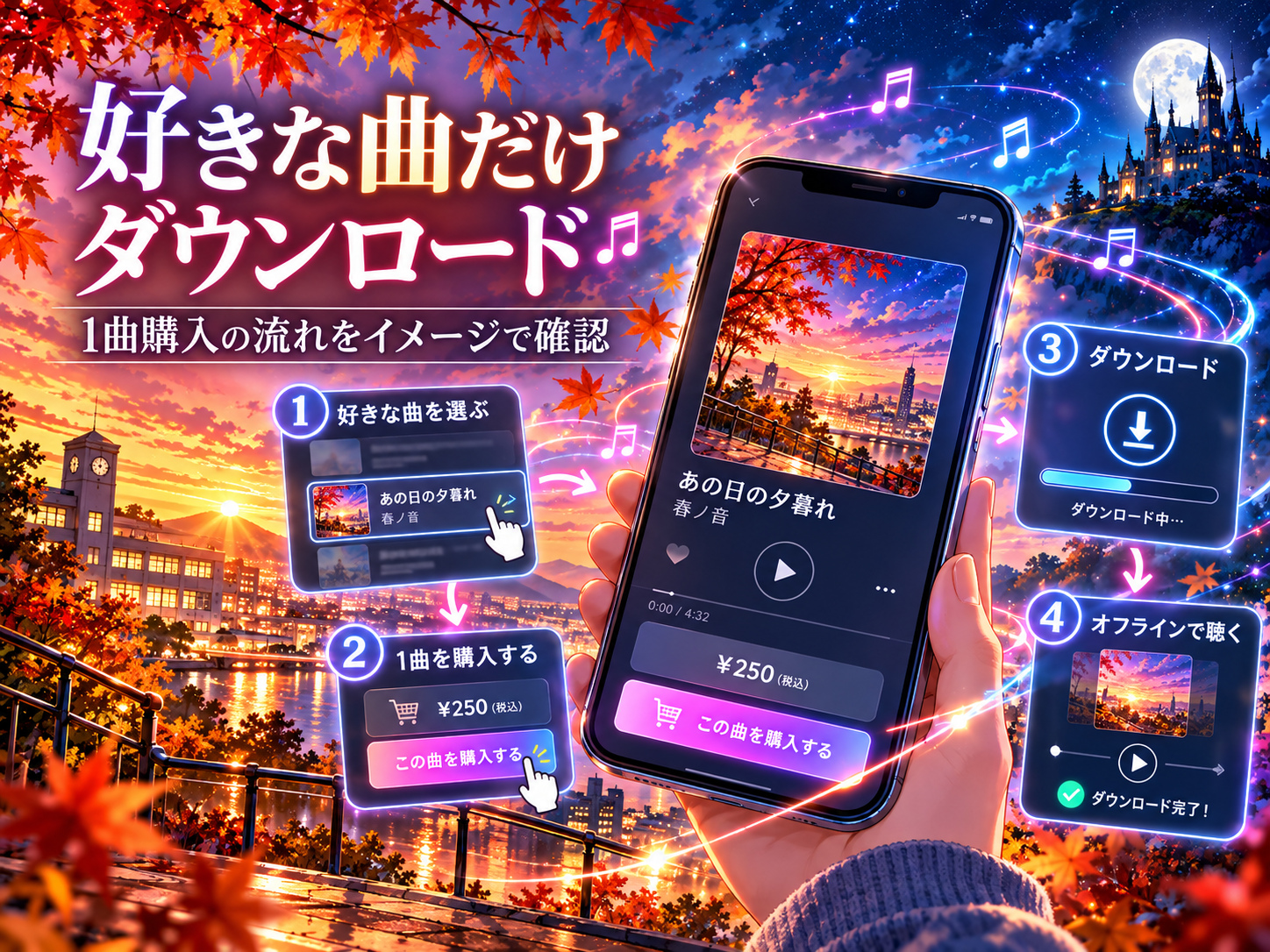 秋アニメ主題歌を1曲購入してスマホにダウンロードする流れのイメージ