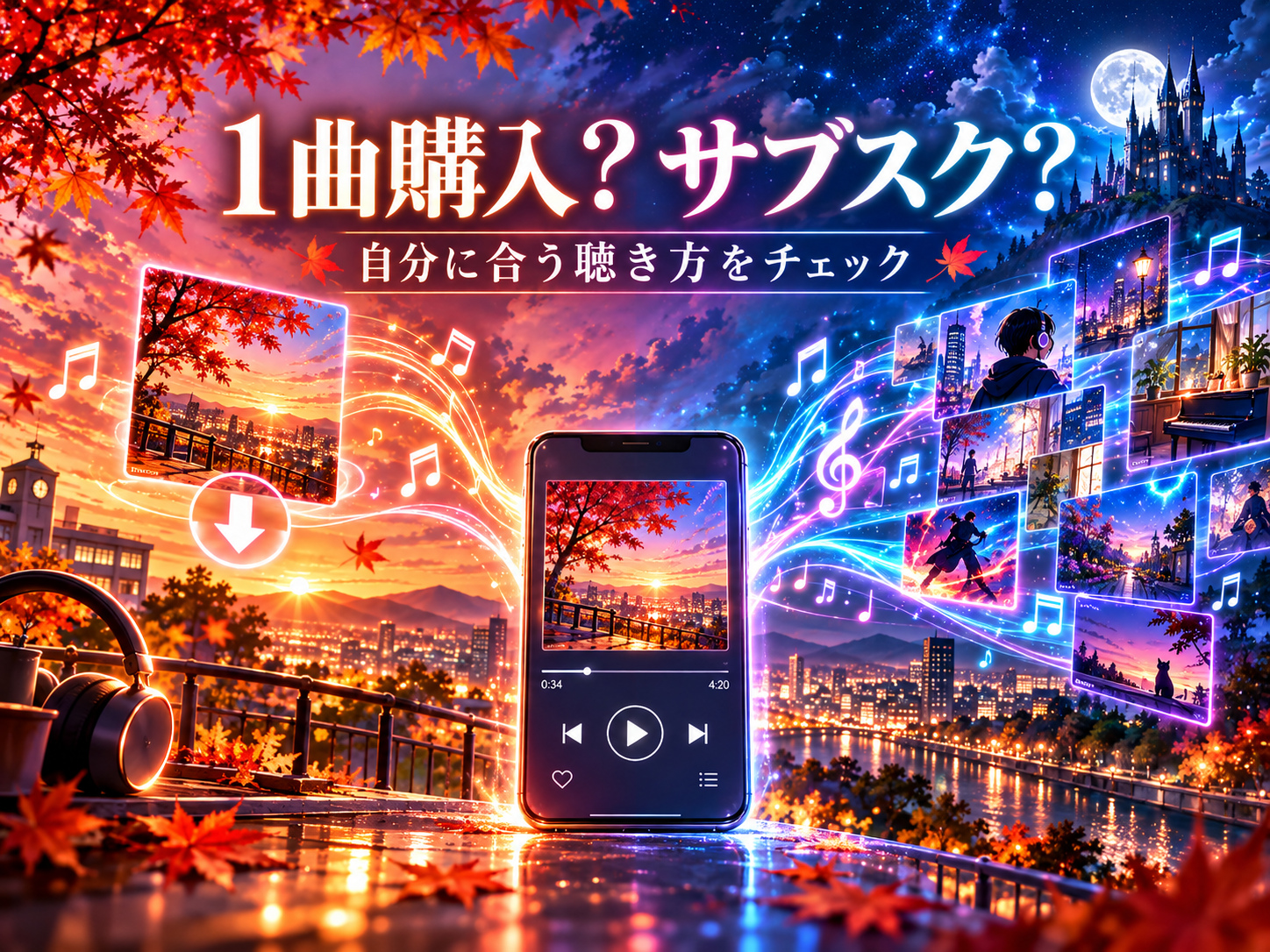 音楽の1曲購入とサブスクの違いをイメージした比較画像
