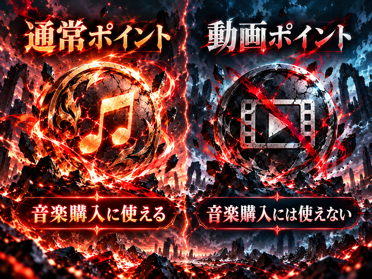 music.jpの通常ポイントは楽曲購入に使えるが動画ポイントは使えないことを示す比較イラスト