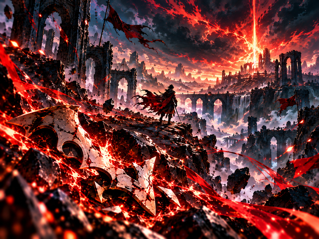 砕けた白い仮面と朱色の炎、崩れた遺跡に向かう旅人を描いた「Firestarter」の世界観イラスト