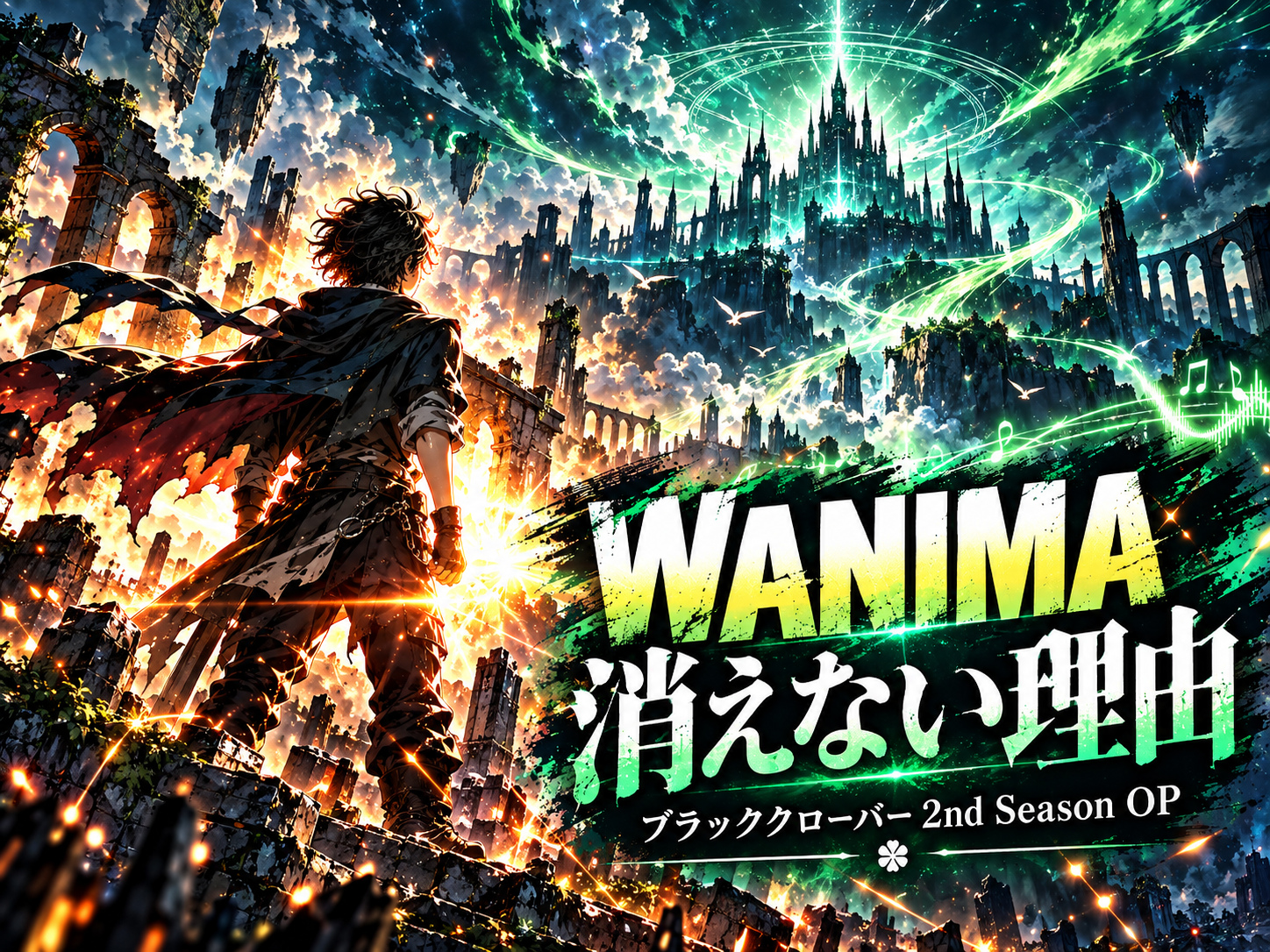 緑色の光に包まれた幻想的な城を見つめる人物とWANIMA「消えない理由」のタイトル