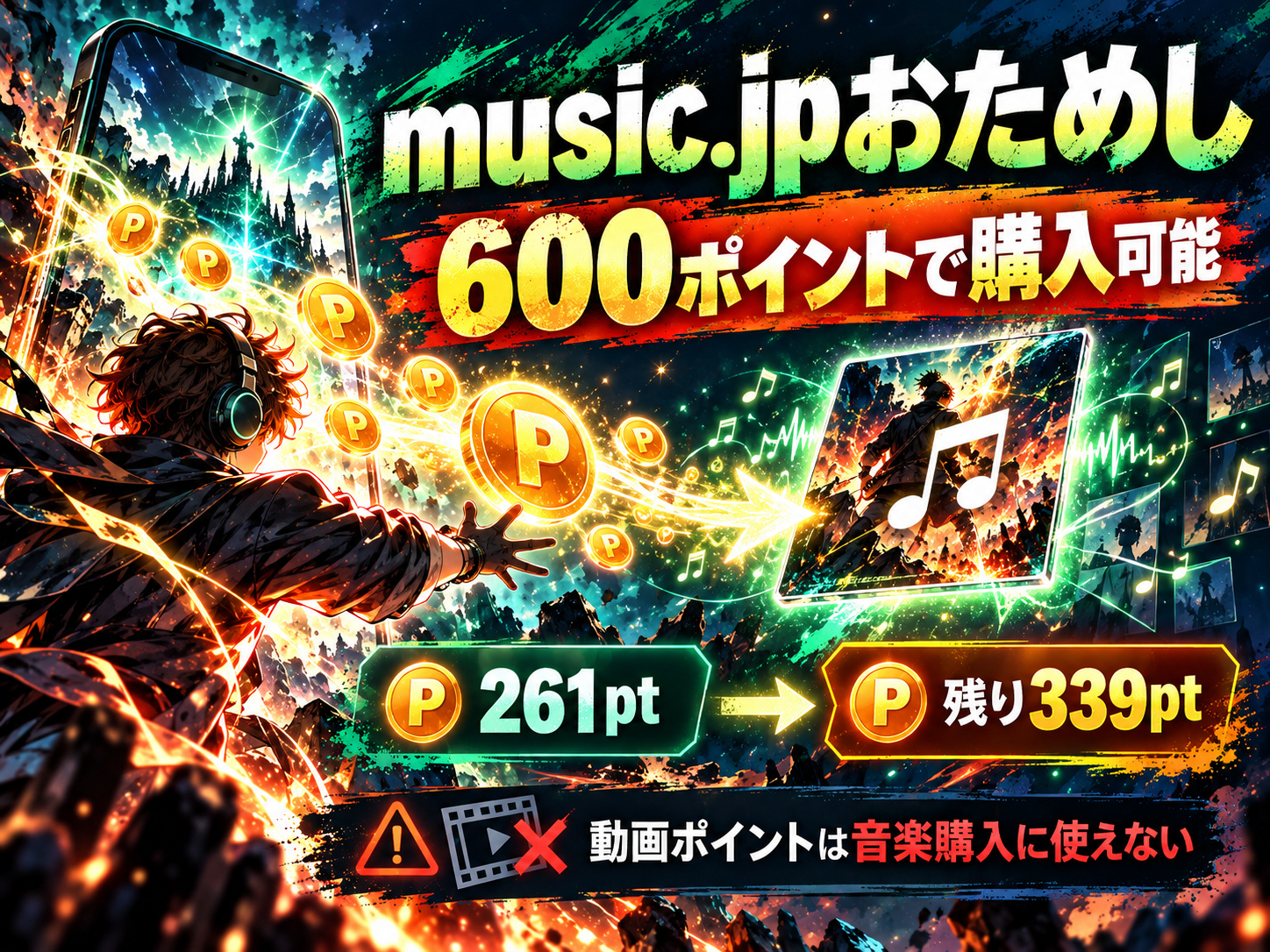 music.jpのおためし通常600ポイントから「消えない理由」の購入に261ポイントを使い、339ポイントが残る計算例