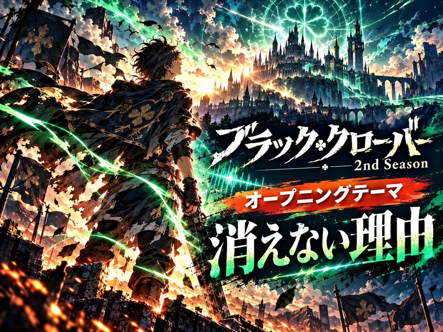 幻想的な城と緑の魔法光を背景に立つ人物、ブラッククローバー2nd Seasonオープニングテーマ「消えない理由」の文字