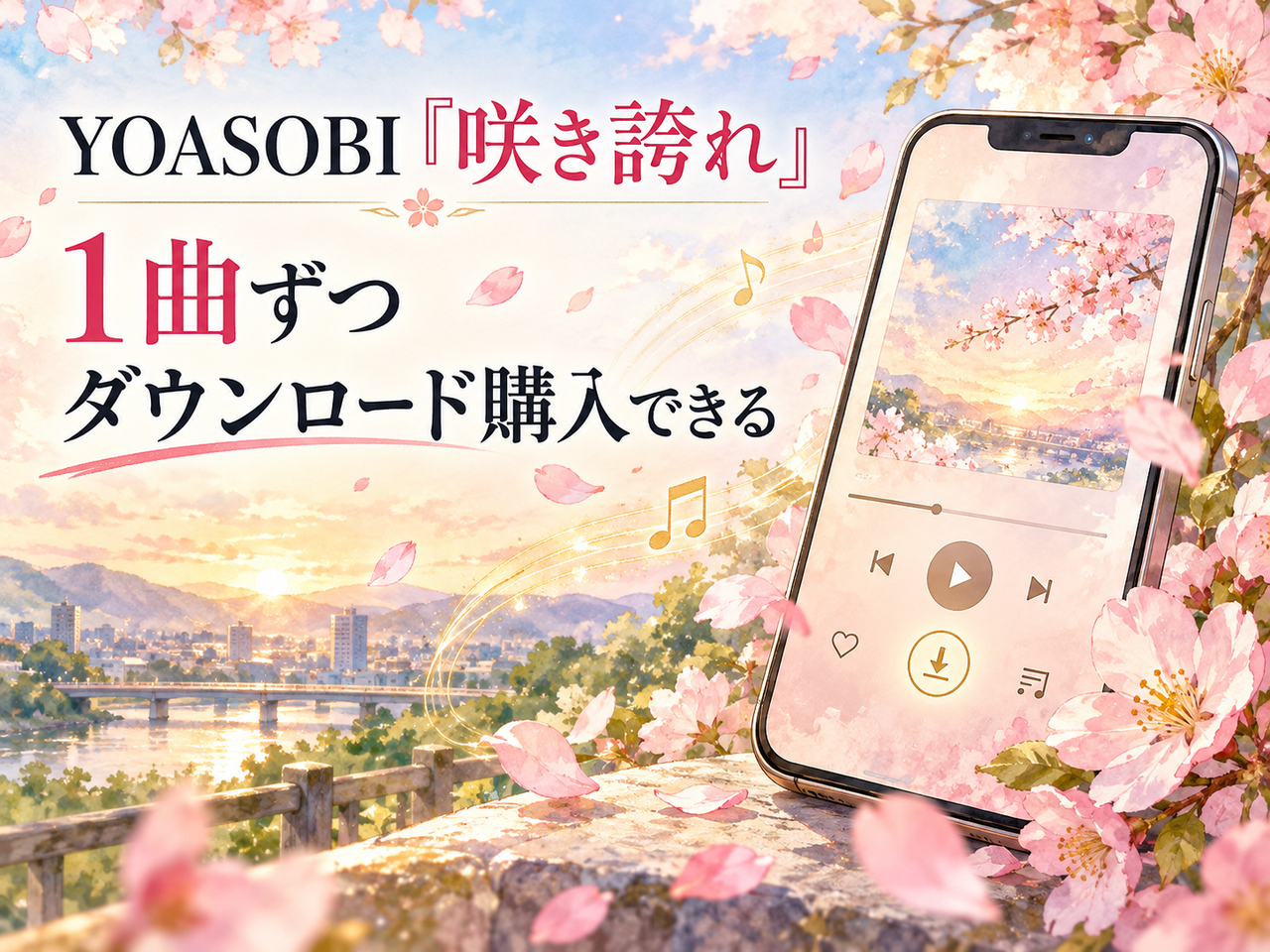 YOASOBI「咲き誇れ」のダウンロード購入をイメージした桜とスマートフォンのイラスト