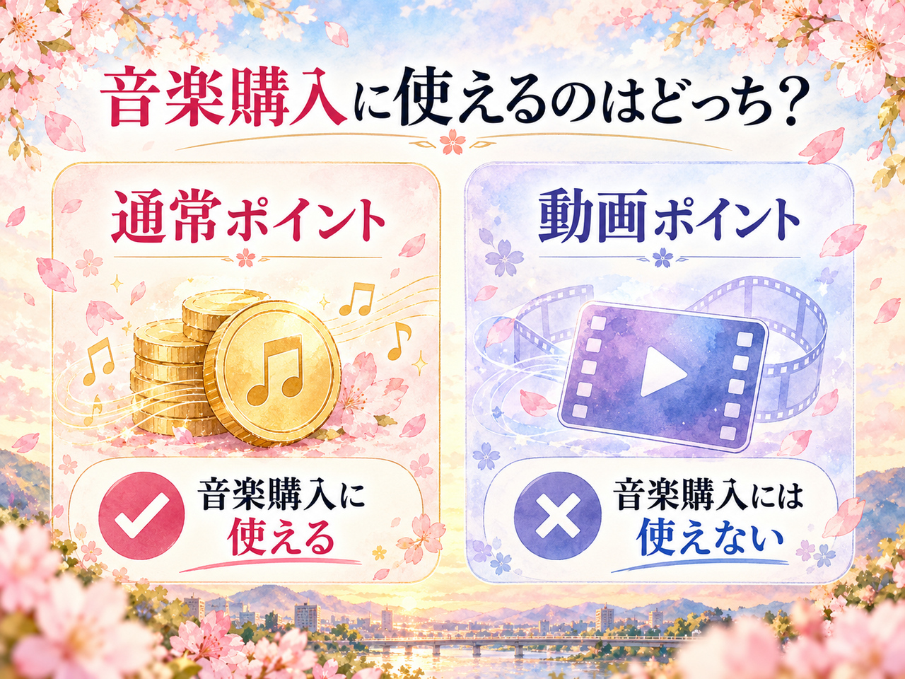 music.jpの通常ポイントと動画ポイントを比較し、音楽購入に使えるポイントを示した図解