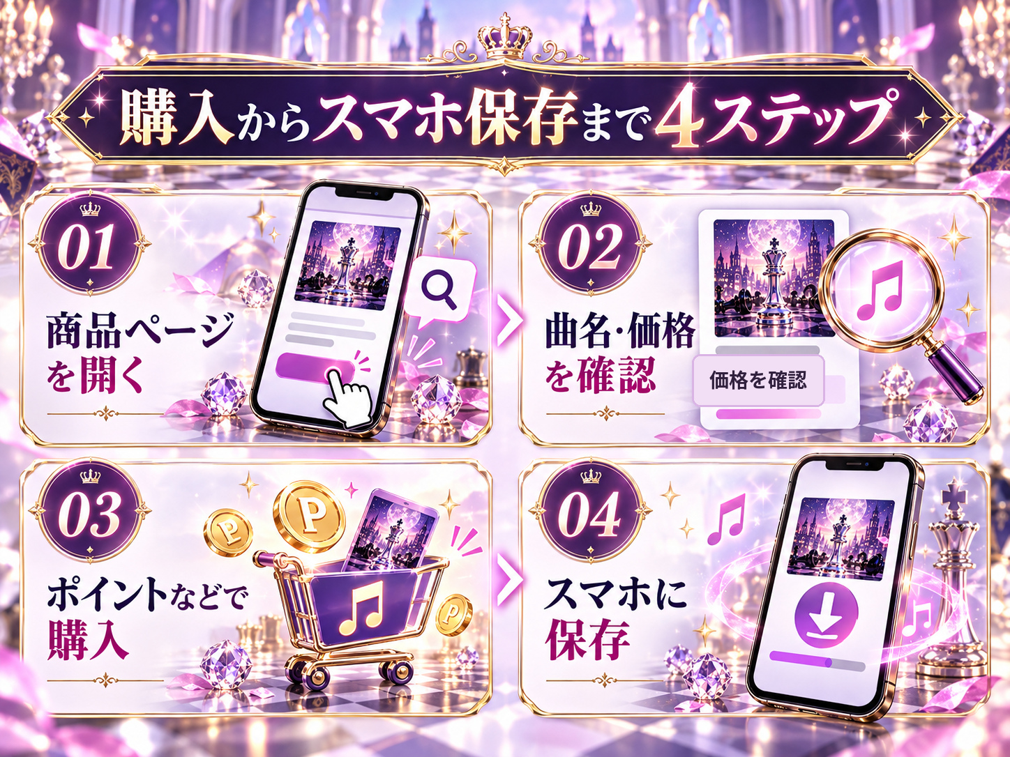 music.jpで「チェックメイト」を購入しスマホに保存するまでの4ステップ図解