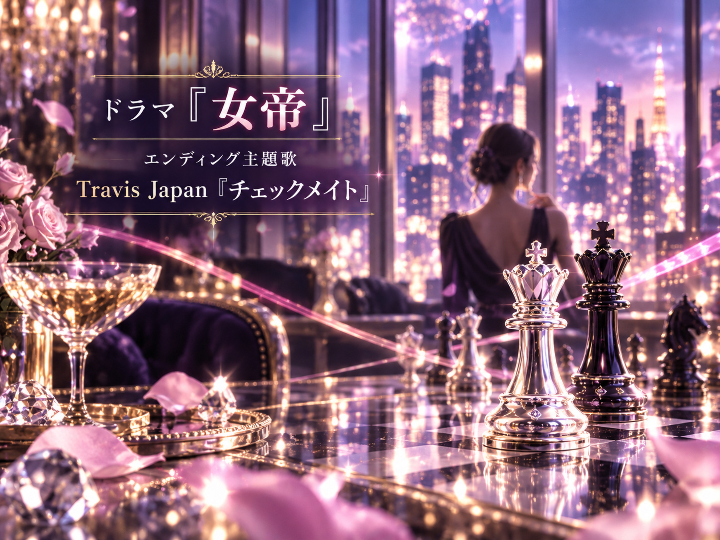 ドラマ「女帝」の夜の街とチェスの駒を描いたチェックメイトのイメージイラスト