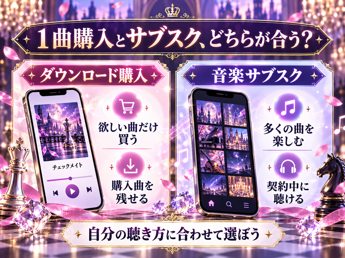 チェックメイトの単曲ダウンロード購入と音楽サブスクの違いを比較した図解