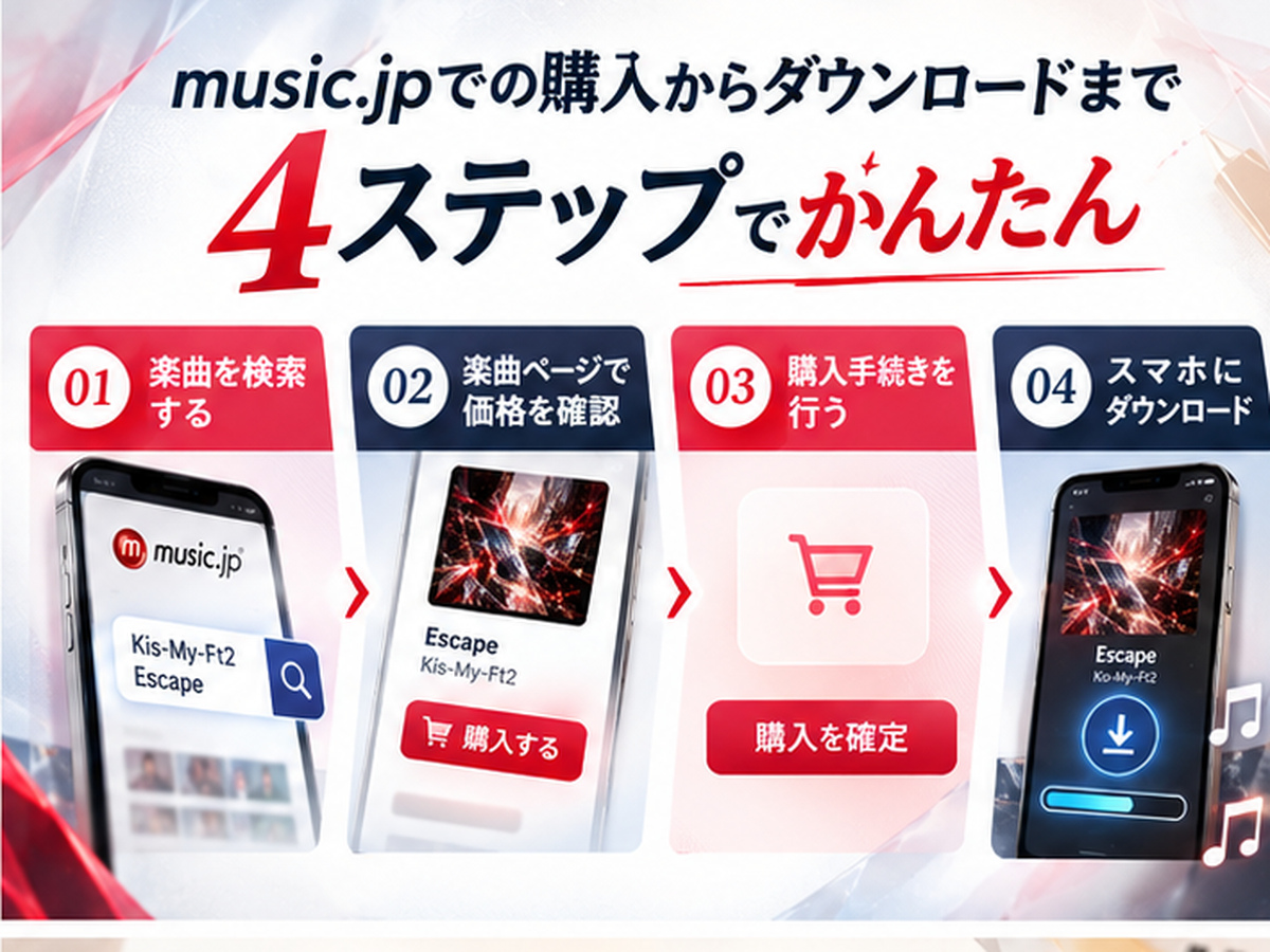 music.jpで曲を検索し、価格確認、購入手続き、スマホへのダウンロードまで進む4ステップの説明図