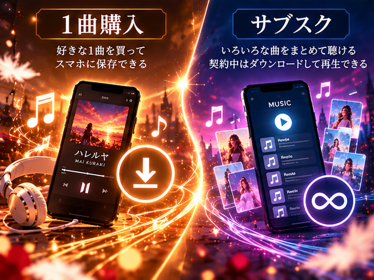 音楽の1曲購入とサブスクのダウンロードの違いを比較したイラスト