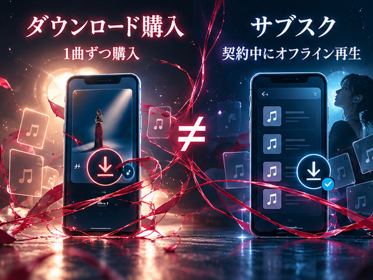 音楽のダウンロード購入とサブスクのオフライン再生の違いを示した図