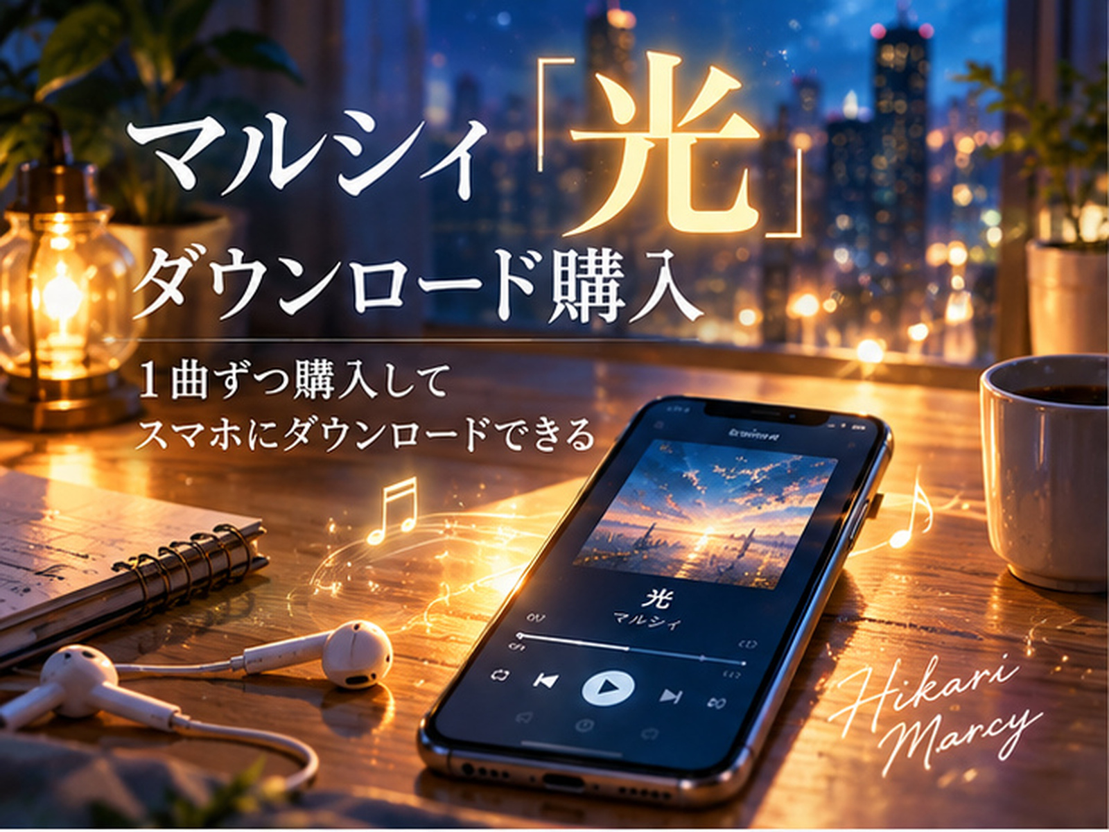 マルシィ「光」のダウンロード購入をイメージしたスマホとイヤホンのイラスト