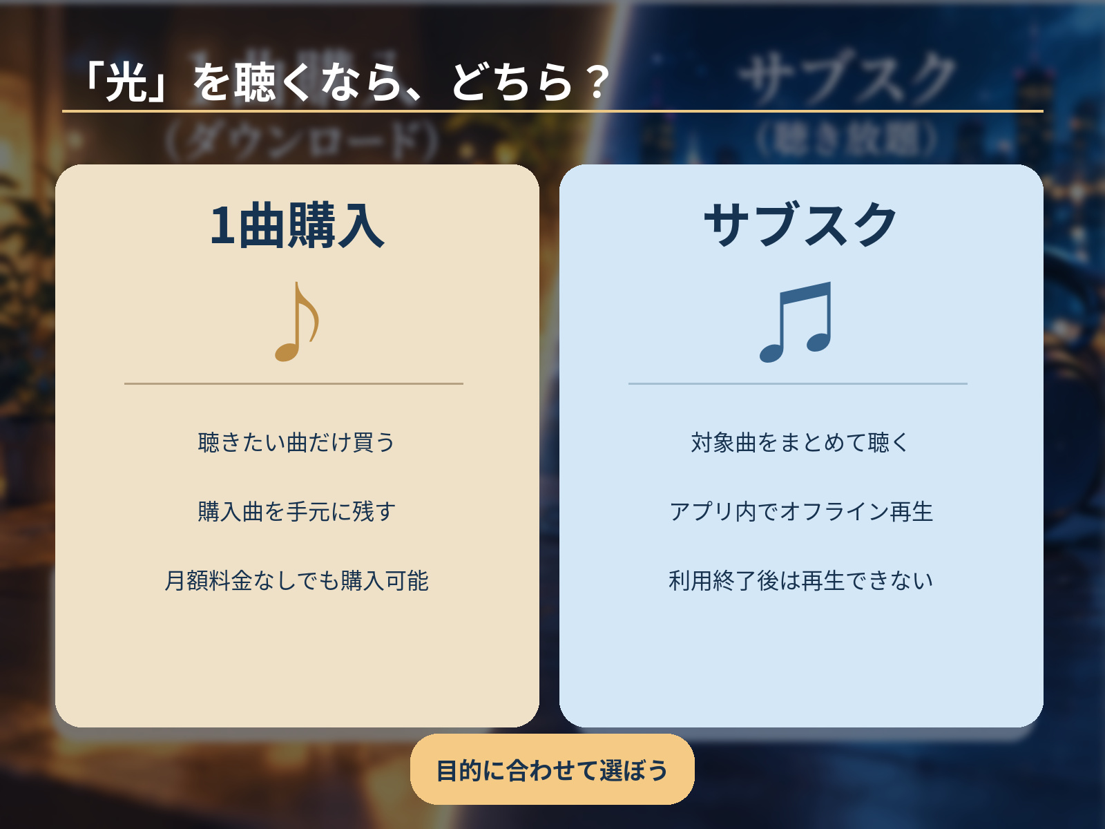 マルシィ「光」の単曲ダウンロード購入と音楽サブスクの聴き放題を比較したイラスト 