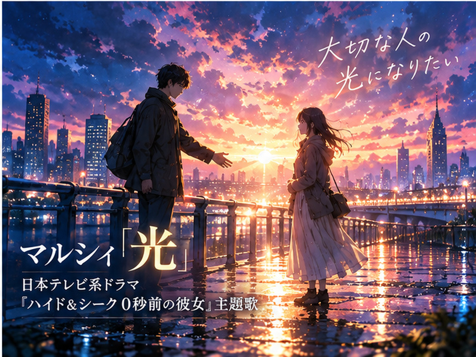 マルシィ「光」の楽曲世界観を表現した夕暮れの水辺で向き合う男女と金色の光のイラスト