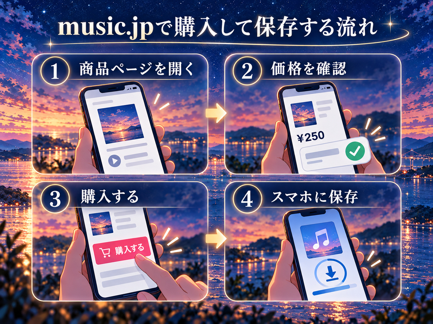 music.jpで商品ページを開き、価格確認、購入、スマホへの保存を行う4ステップの説明イラスト