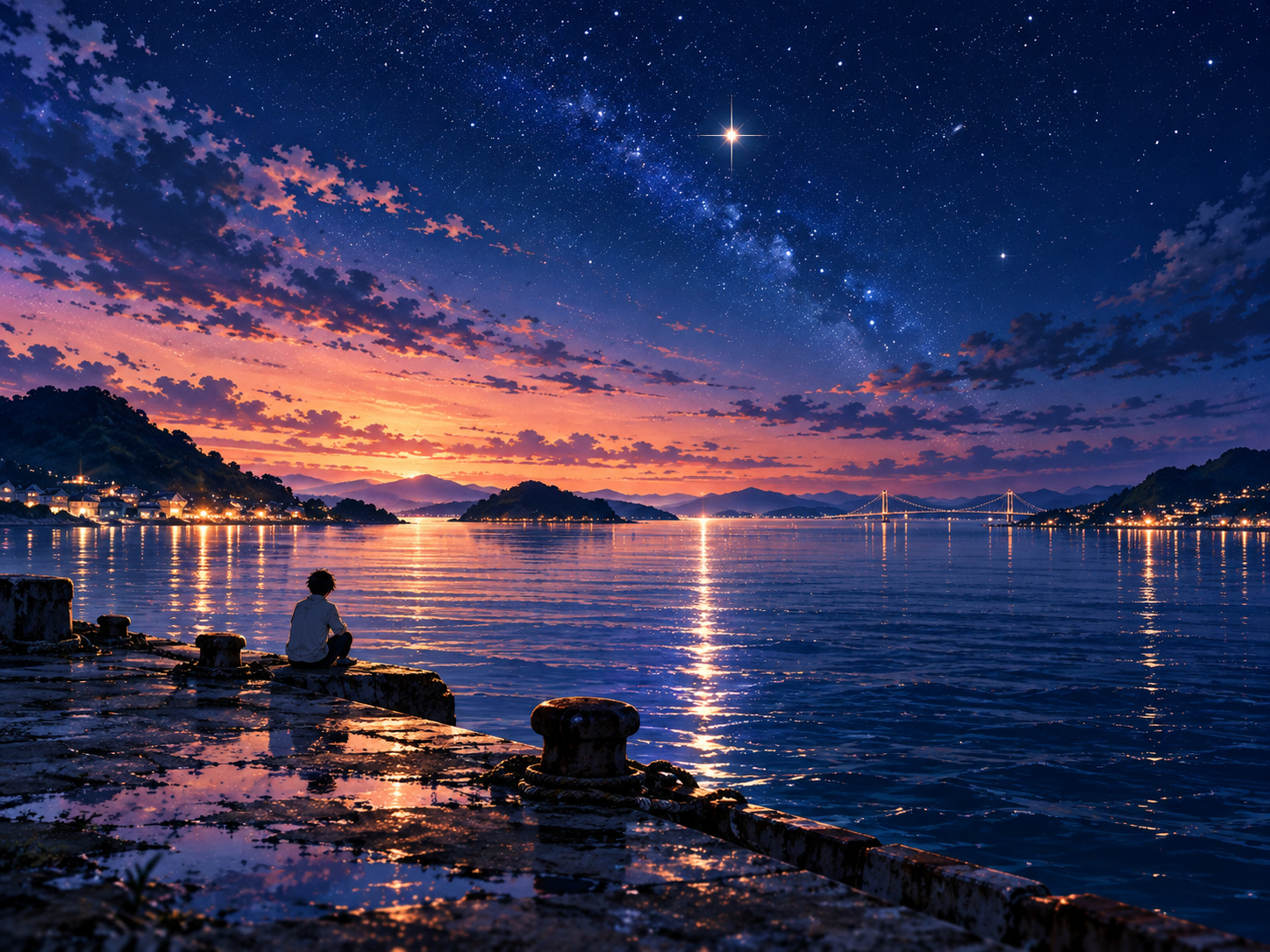 群青の星空と海に映る星の光、岸辺に座る人物を描いた「夕星-ゆうづつ-」の世界観イラスト