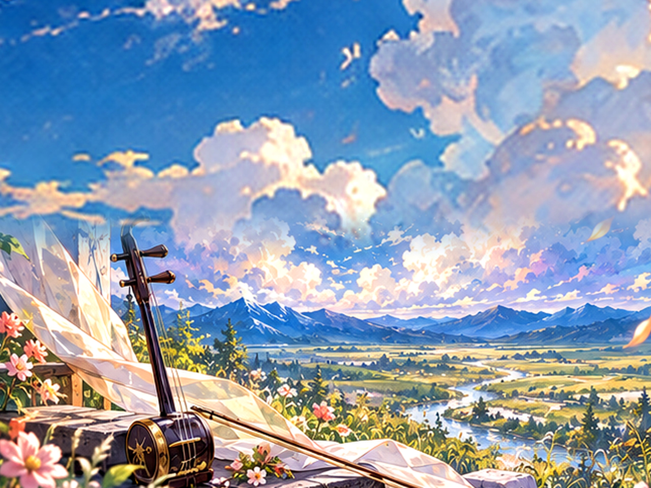 風に揺れる草原と二胡、遠くの山並みを描いたヨルシカ「雲を抜け風下へ私だけ」のイメージイラスト