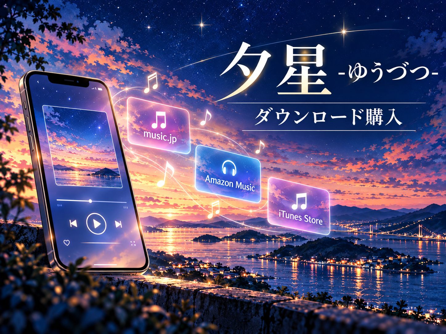 RADWIMPS「夕星-ゆうづつ-」のダウンロード購入先をスマホと音楽配信サービスで表現したイラスト