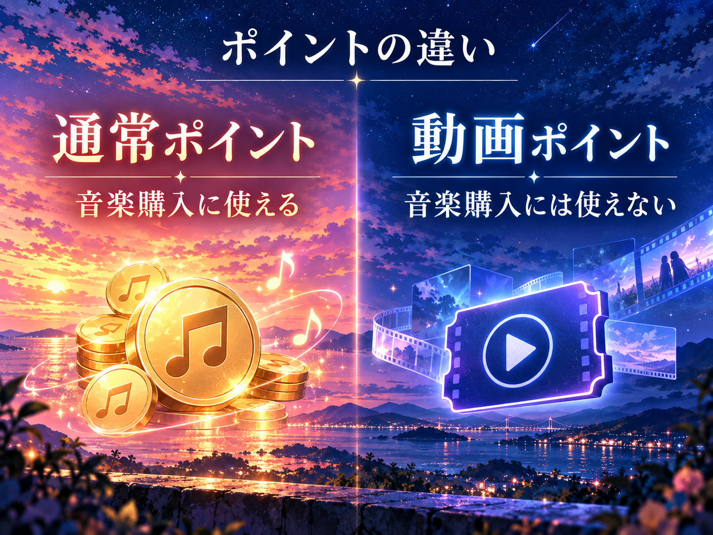 music.jpの通常ポイントと動画ポイントの用途の違いを音符と動画アイコンで比較したイラスト