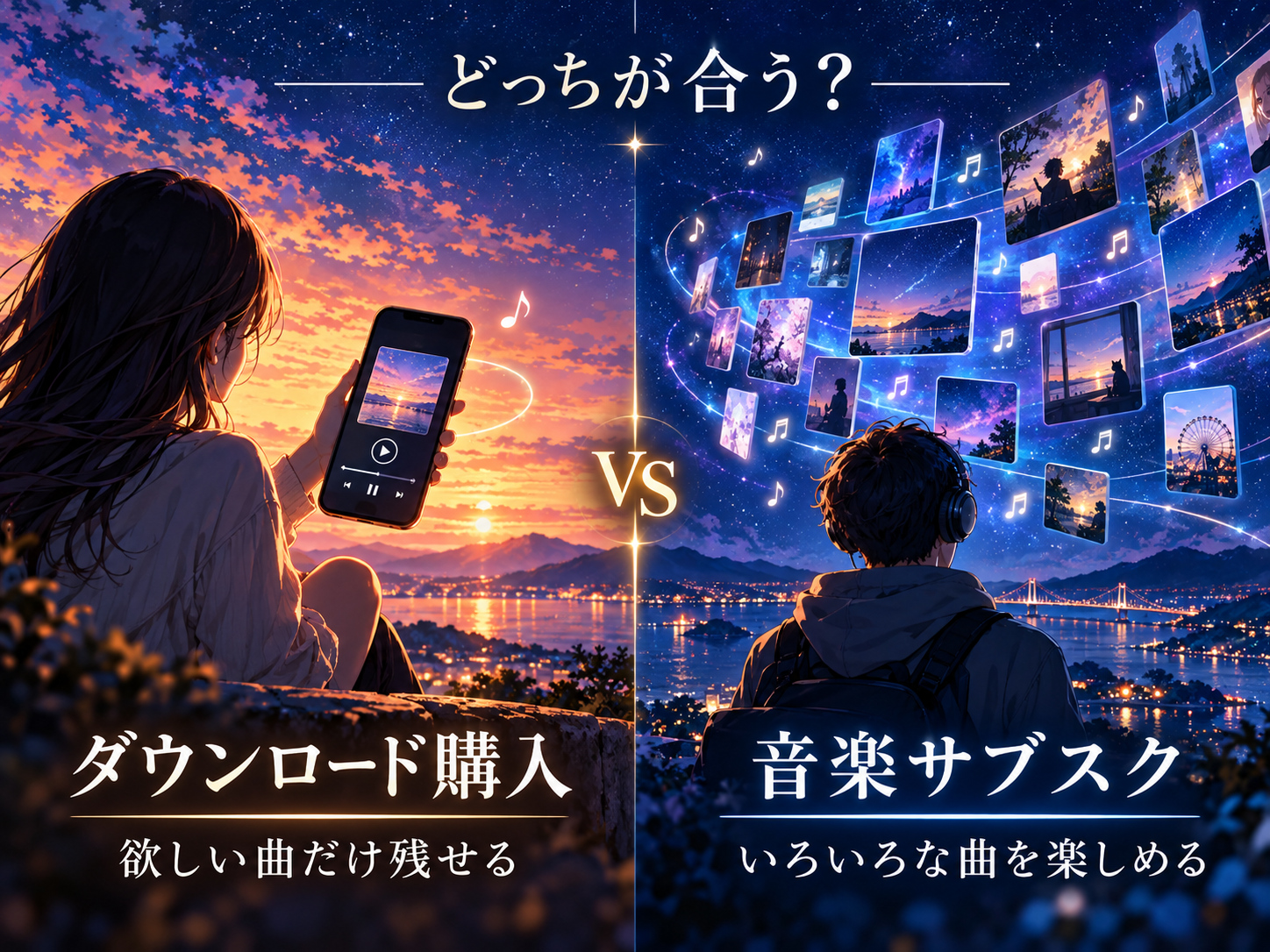 スマホで1曲を保存するダウンロード購入と、多くの楽曲を楽しむ音楽サブスクを比較したイラスト